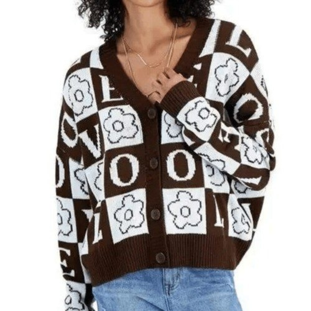 JUST POLLY LOVE Black White Floral Checkerboard Knit Cardigan Sweater EUC S - Picture 1 of 6